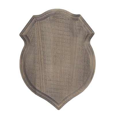 Solid oak, crest-shaped 9&#34; x 12&#34; plaque for taxidermy mounts.